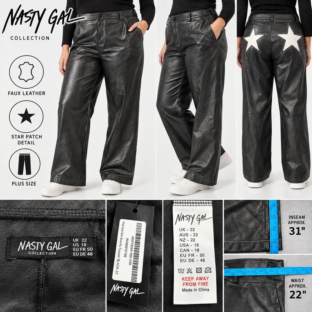 Nasty Gal Women's 18 Star Bum Faux Leather Pants Black High Waist Trouser NWT
